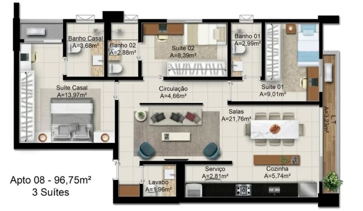 96 m² - 3 Suítes