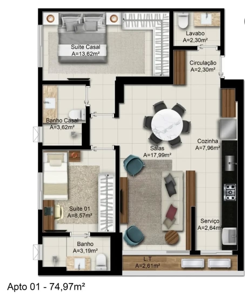 75 m² - 2 Suítes