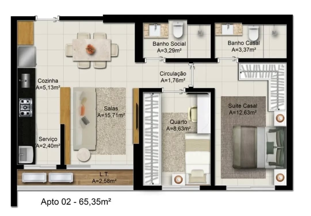 65 m² - 2 Quartos